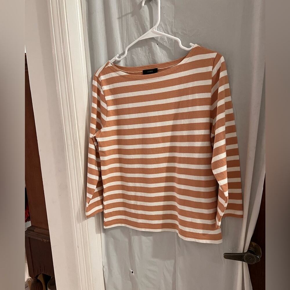 J crew tan white striped boat neck nautical vibe shirt size s
